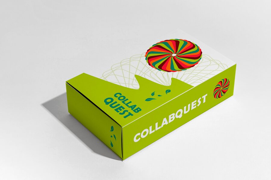 Caixa do CollabQuest, verde-limão com a mandala colorida no topo